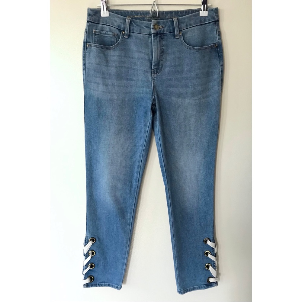Chico’s • 2 • So Slimming Girlfriend Slim Leg Lace Up Hem Ankle Denim Jeans
